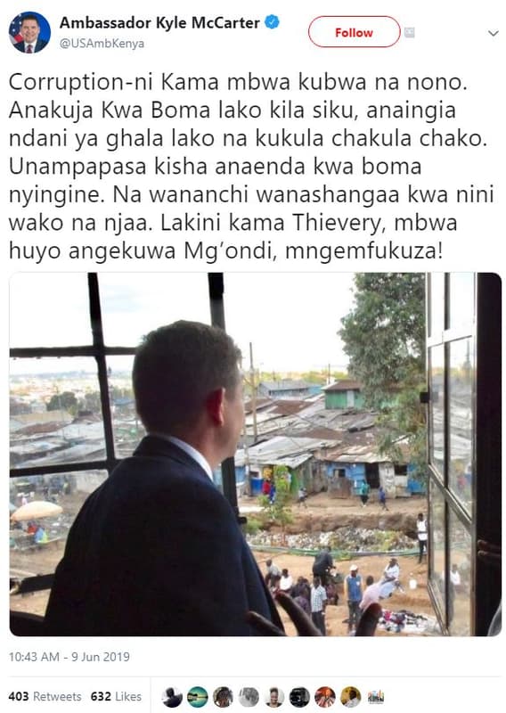 Ambassador kyle mccarter usambkenya follow corruptionni kama mbwa kubwa na nono.