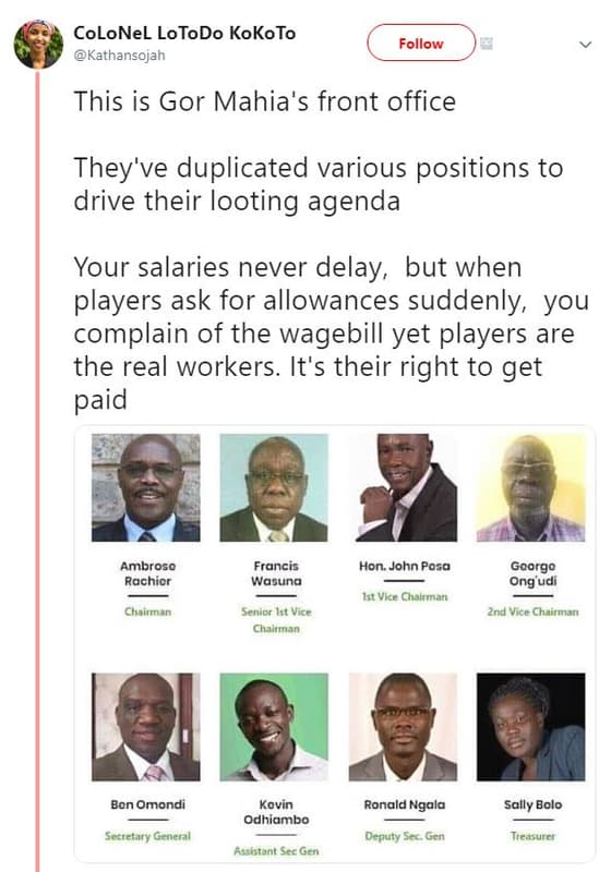 Colonel lotodo kokoto kathansojah follow this is gor mahia's front office they'v