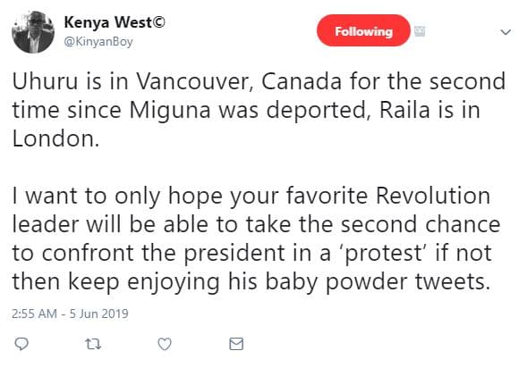 Kenya west kinyanboy following uhuru is in vancouver, canada for the second time