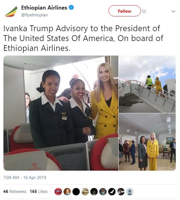 Ethiopian airlines flyethiopian follow ivanka trump advisory to the president of