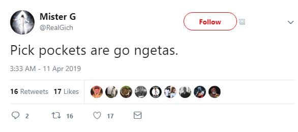 Mister g realgich follow pick pockets are go ngetas. 3.33 am 11 apr 16 retweets