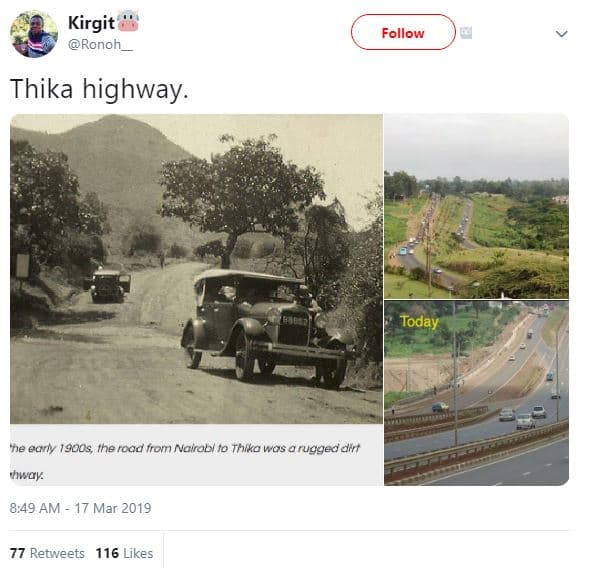 Kirgit ronoh follow thika highway. today 'heearl 19oos, theroad fron nalroby to