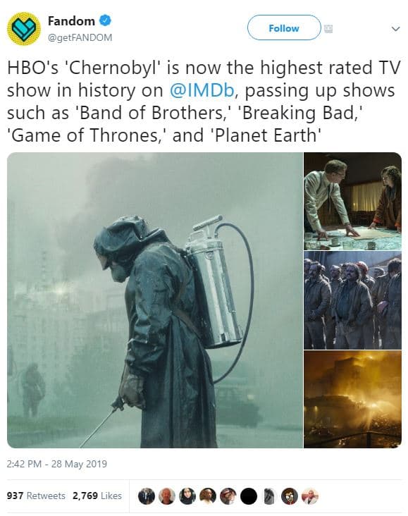 Fandom getfandom follow hbo's 'chernobyl' is now the highest rated tv show in hi