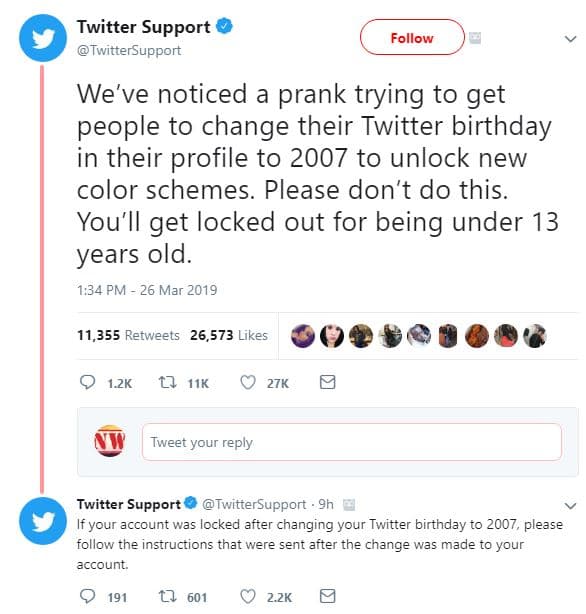 Twitter support twittersupport follow we've noticed a prank trying to get people