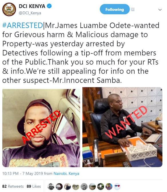 Dci kenya dci_kenya following arrestedimr james luambe odetewanted for grievous