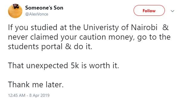 Someone's son alexvonce follow if you studied at the univeristy of nairobi never