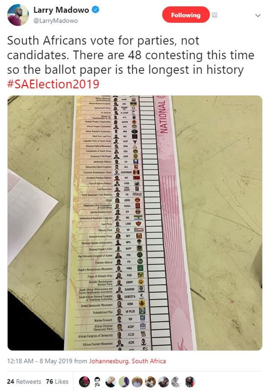 Larry madowo larrymadowo following south africans vote for parties not candidate