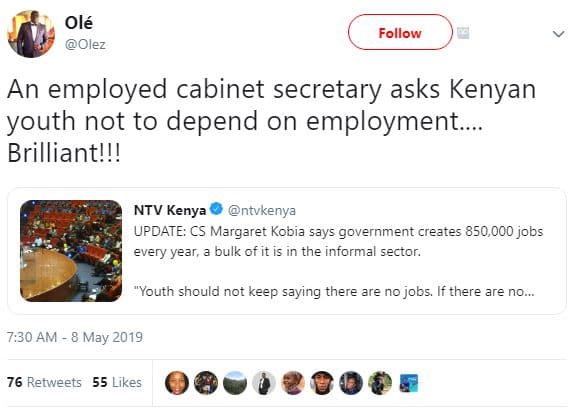 Olé olez follow an employed cabinet secretary asks kenyan youth not to depend on