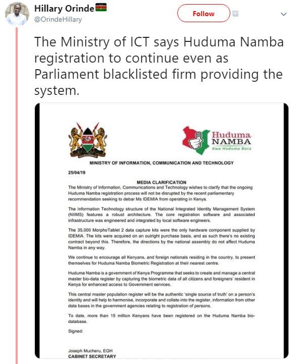 Hillary orinde orindehillary follow the ministry of ict says huduma namba regist