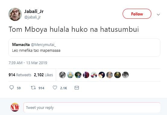 Jabali_jr jabali_jr follow tom mboya hulala huko na hatusumbui mamacita mercymut