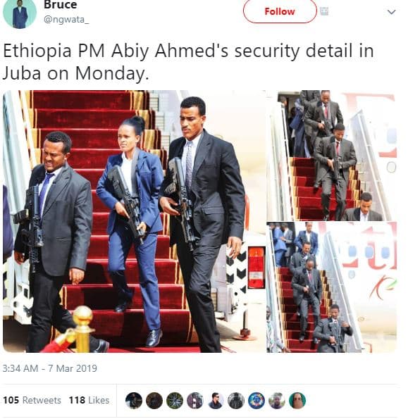 Bruce ngwata follow ethiopia pm abiy ahmed's security detail in juba on monday.