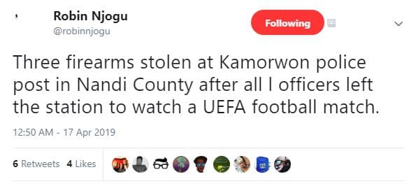 Robin njogu robinnjogu following three firearms stolen at kamorwon police post i