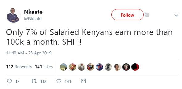 Nkaate nkaate follow only 7 of salaried kenyans earn more than 1ook a month. shi