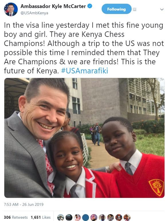Ambassador kyle mccarter usambkenya following in the visa line yesterday met thi