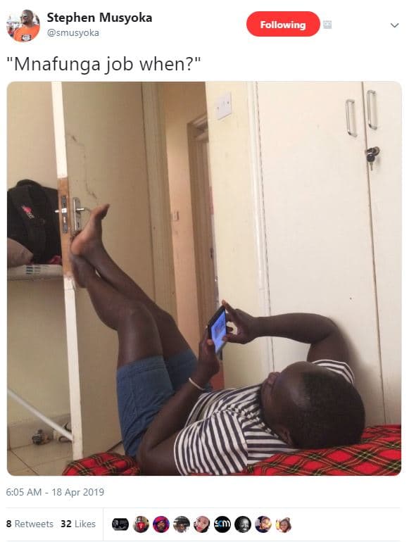 Stephen musyoka smusyoka following 'mnafunga job when?' 6.05 am 18 apr 8 retweet