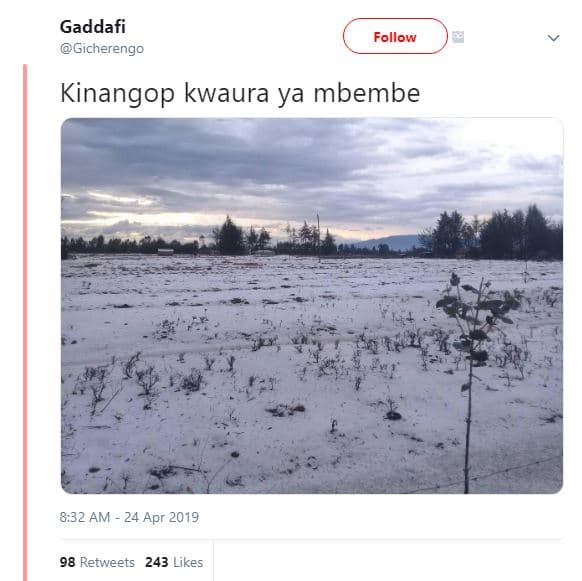 Gaddafi gicherengo follow kinangop kwaura ya mbembe 8,32 am 24 apr 98 retweets 2