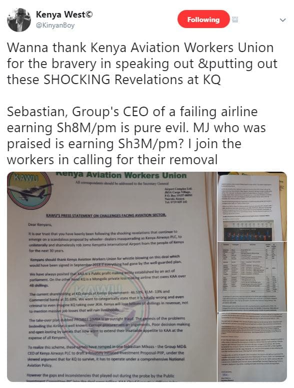 Kenya west kinyanboy following wanna thank kenya aviation workers union for the