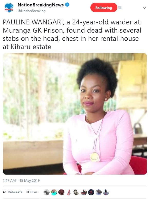 Nationbreakingnews nationbreaking following pauline wangari, a 24yearold warder