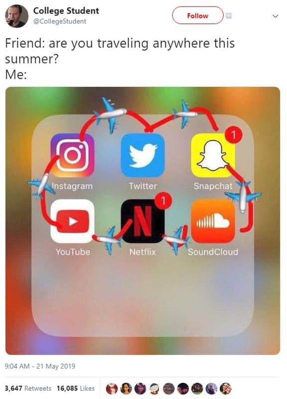 College student collegestudent follow friend are you traveling anywhere this sum