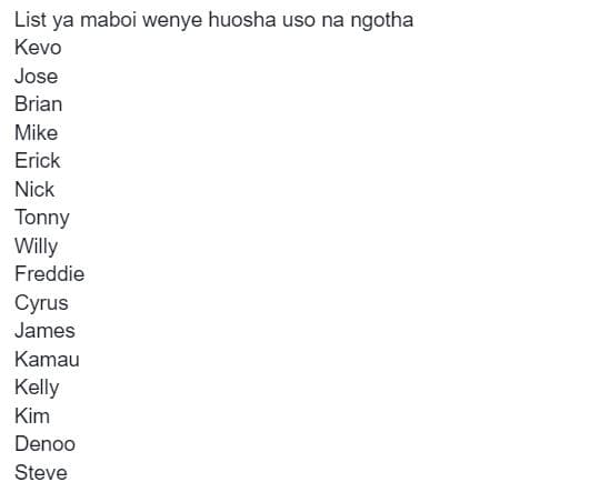 List ya maboi wenye huosha uso na ngotha kevo jose brian mike erick nick tonny w