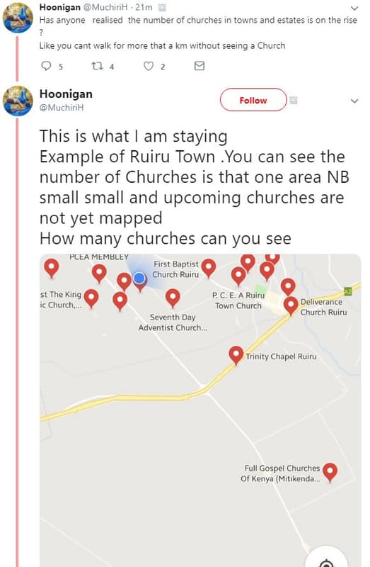 Hoonigan muchirih 21m has anyone realised the number of churches in towns and es