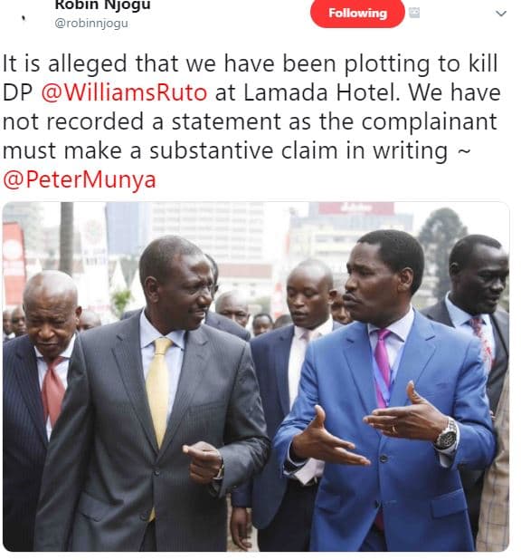 Kobin njogu robinnjogu following it is alleged that we have been plotting to kil