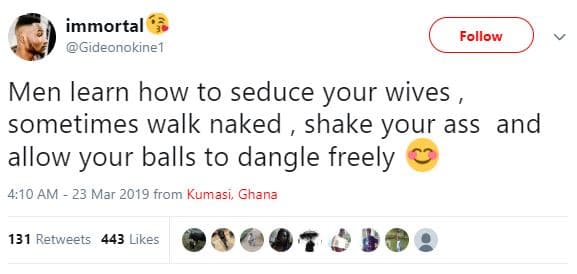 Immortal gideonokine1 follow men learn how to seduce your wives sometimes walk n