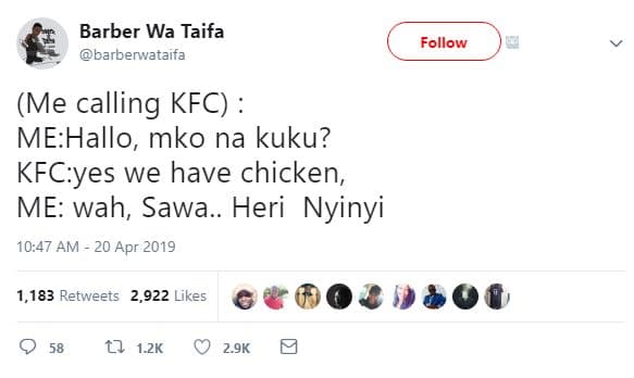 Barber wa taifa barberwvataifa follow me calling kfc mehallo, mko na kuku? kfcye