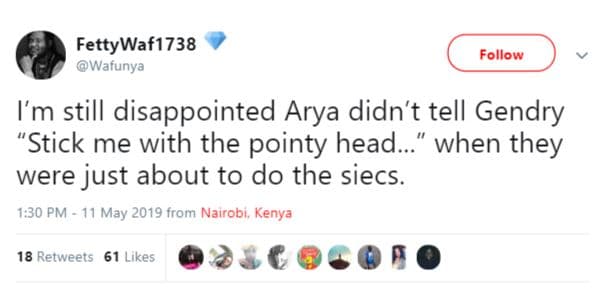 Fettywaf1738 wafunya follow im still disappointed arya didn't tell gendry stick