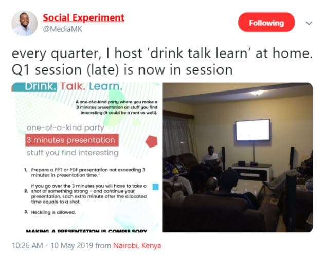 Social_experiment mediamk following every quarter host 'drink talk learn at home