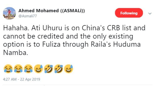 Ahmed mohamed asmali asmali7 7 following hahaha. ati uhuru is on china's crb lis