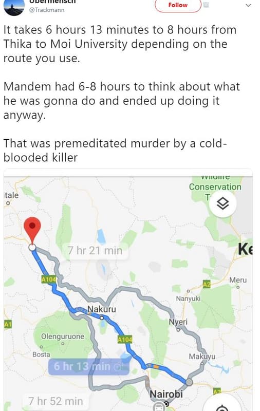 Udenne trackmann follow it takes 6 hours 13 minutes to 8 hours from thika to moi