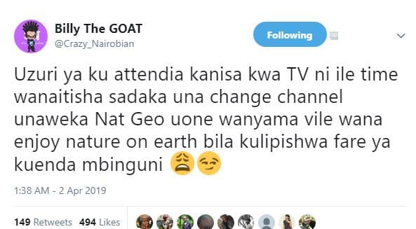 Billy the goat crazy_nairobian following uzuri ya ku attendia kanisa kwa tv ni i