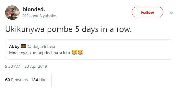 Blonded. gatwirinyaboke follow ukikunywa pombe 5 days in a row. abby abigaeldian