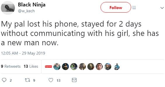 Black ninja w_kech follow my pal lost his phone stayed for 2 days without commun