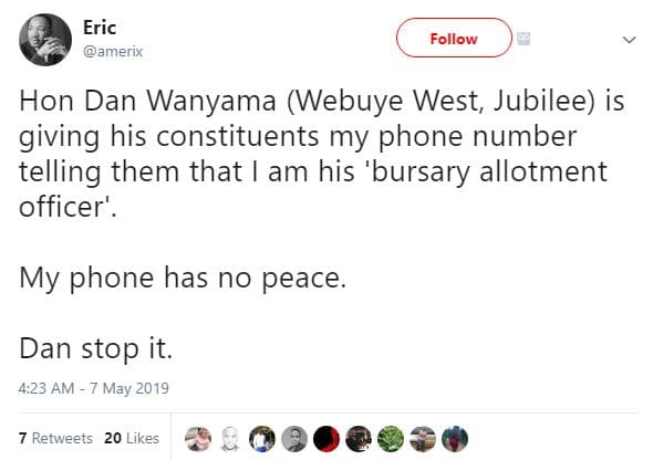 Eric amerix follow hon dan wanyama webuye west jubilee is giving his constituent