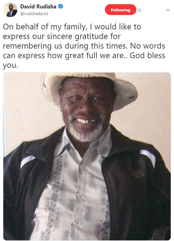 David rudisha rudishadavid following on behalf of my family would like to expres