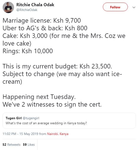 Ritchie chala odak ritchieodak follow marriage license ksh 9,700 uber to ag's ba