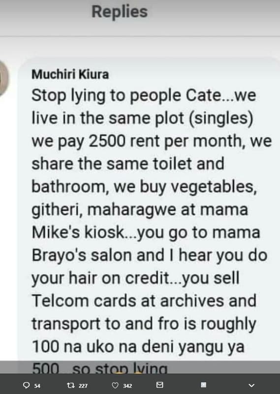 Replies muchiri kiura stop lying to people cate. we live in the same plot single