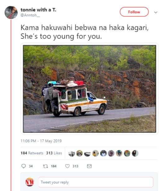 Tonnie with at. innton follow kama hakuwahi bebwa na haka kagari, she's too youn