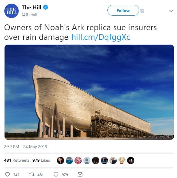 The hill t thehill follow owners of noah's ark replica sue insurers over rain da