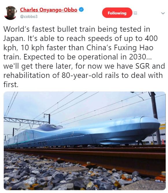 Charles onyangoobbo cobbo3 following world's fastest bullet train being tested i