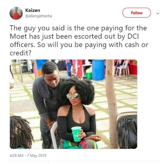 Kaizen allangathecha follow the guy you said is the one paying for the moet has