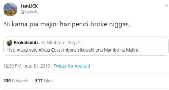 Jamlick kyaloh ni kama pia majini hazipendi broke niggas. prokobanda. itskubasu