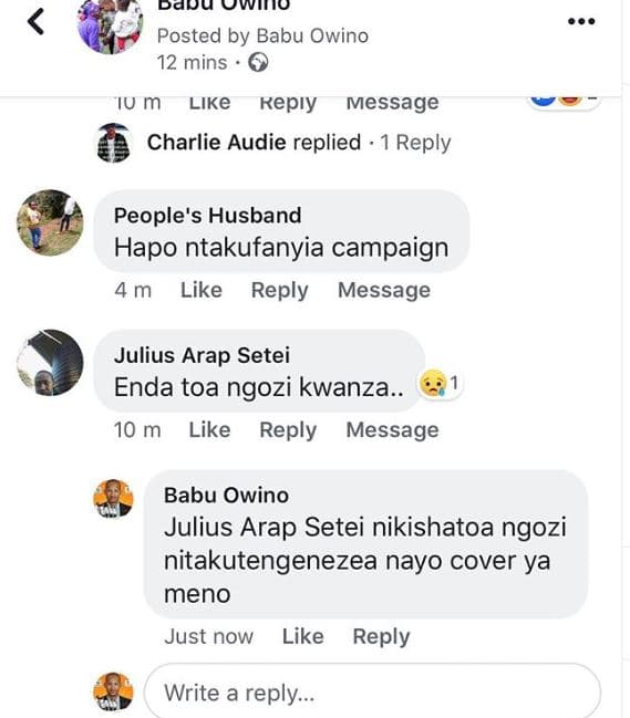 Dauu uwinu posted by babu owino 12 mins ju like kepıy message charlie audie repl