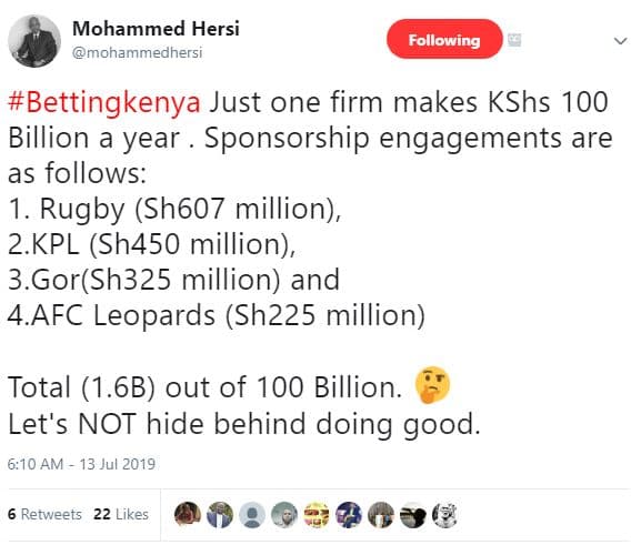 Mohammed hersi mohammedhersi following bettingkenya just one firm makes kshs 100