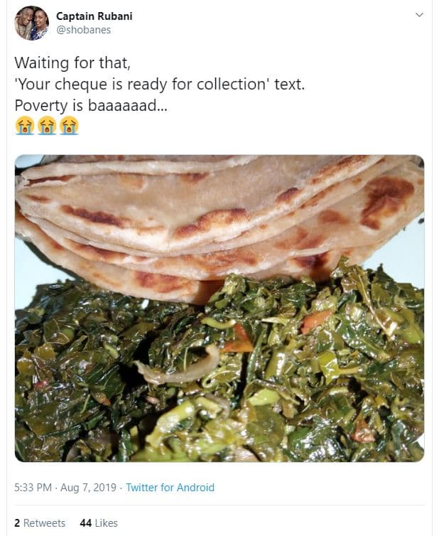 Captain rubani shobanes waiting for that, 'your cheque is ready for collection'