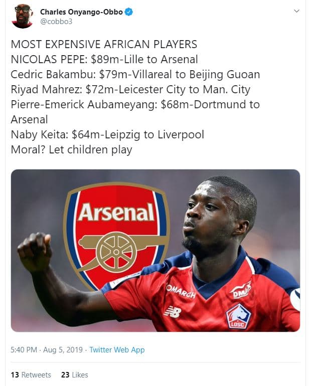 Charles onyangoobbo cobbos most expensive african players nicolas pepe 89mlille