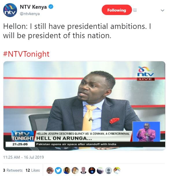 Ntv kenya nty ntvkenya following hellon still have presidential ambitions. will