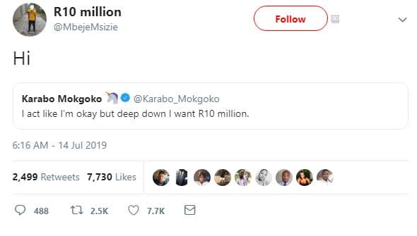 Rio million mbejemsizie follow hi karabo mokgoko karabo_mokgoko act like m okay